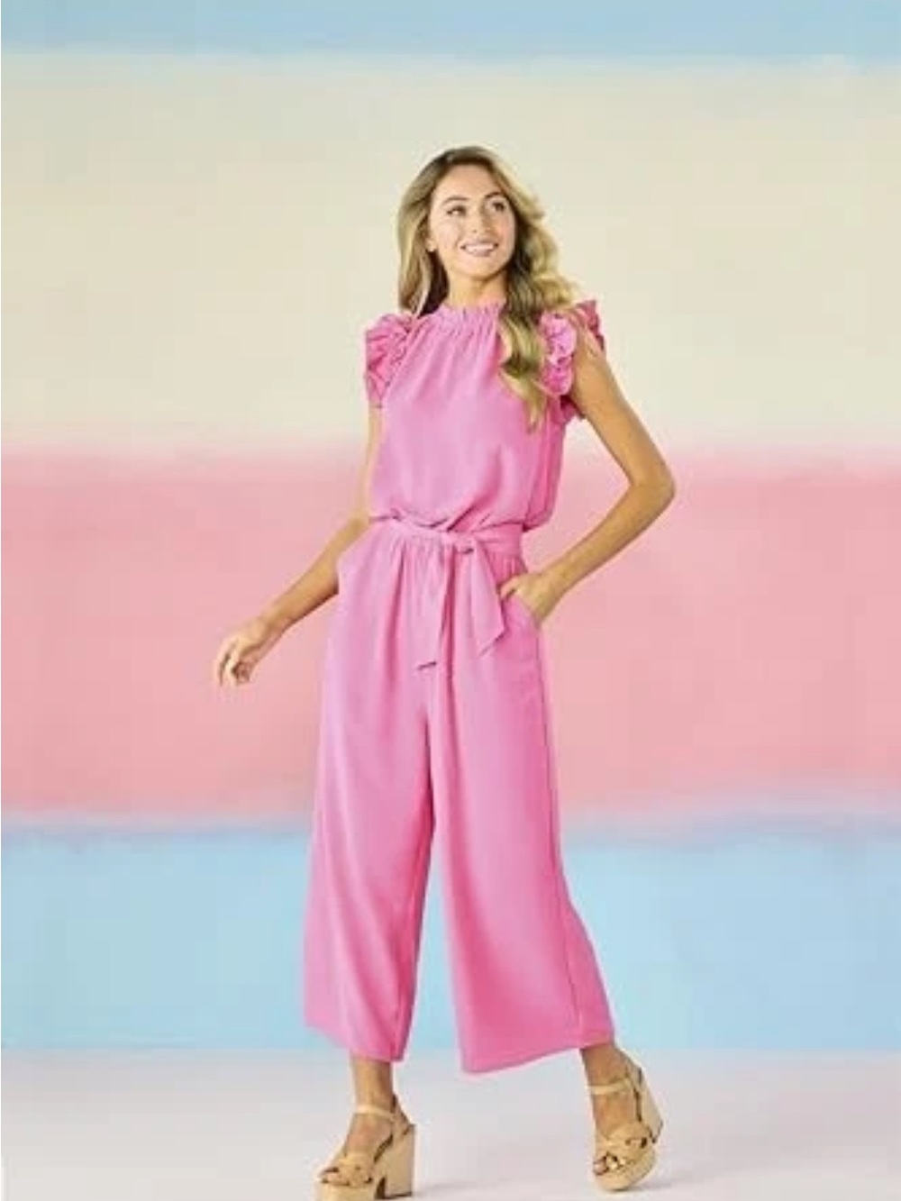 Mud Pie Arlette Ruffle-Sleeve Wide-Leg Jumpsuit Pink Medium Smoke Free Like New!